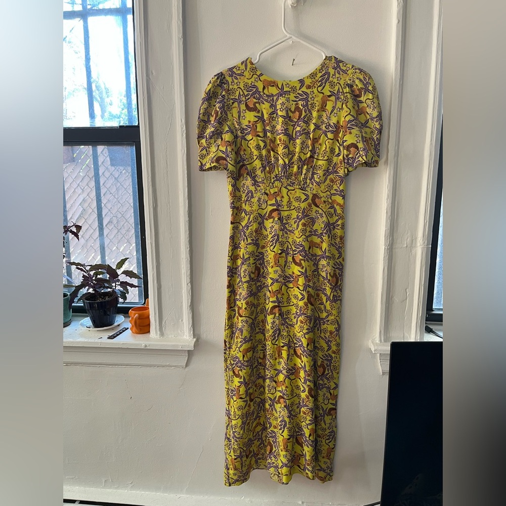 Saloni Lime Green Silk Midi Dress Monkey Print